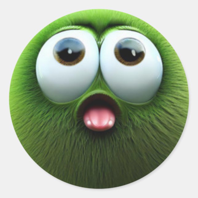 An adorable surprised fuzzy green ball character classic round sticker (Front)