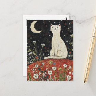 An Adorable White Cat Folk Art Postcard