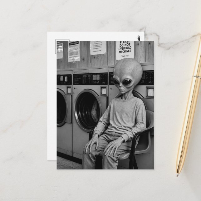 An alien at the laundromat  postcard (Front/Back In Situ)