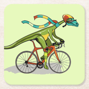 An Anabisetia Dinosaur Riding A Bicycle. Square Paper Coaster