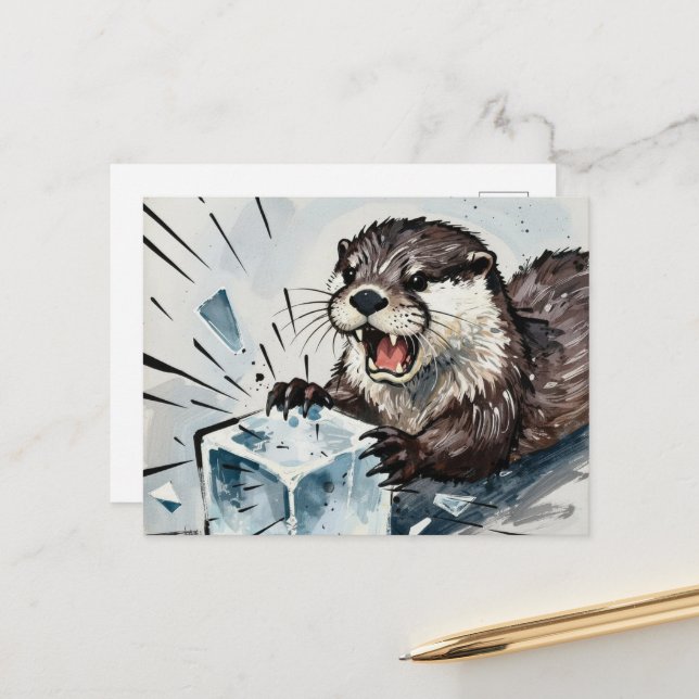 An Angry otter breaking an ice block  Postcard (Front/Back In Situ)