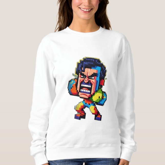 An angry pixelated character with retro gaming vib sweatshirt (Front)