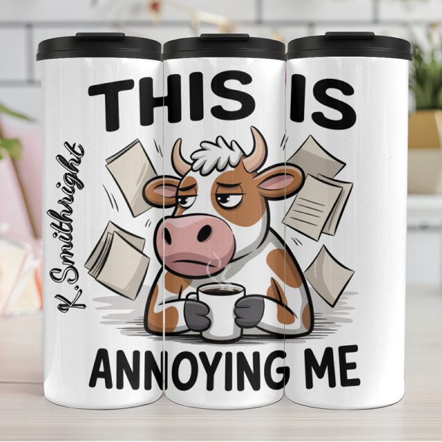 An Annoyed Cow with Papers Flying Thermal Tumbler (Creator Uploaded)