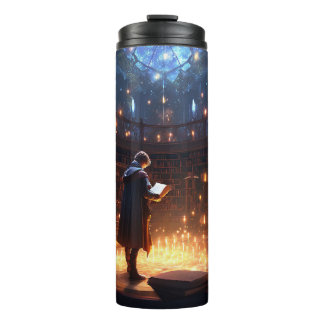 an apprentice wizard studying spellbooks thermal tumbler