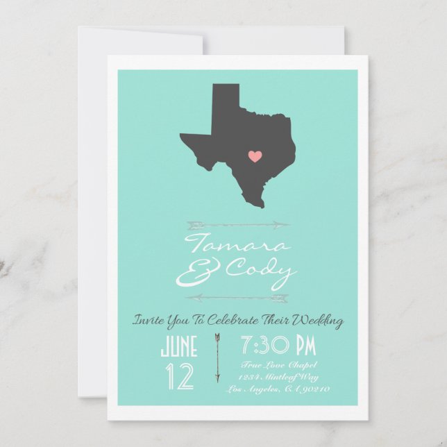 An Aqua Coloured Texas Wedding Invitation (Front)