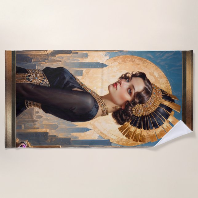 An Art Deco Beauty By A Golden Disc by Xzendor7 Beach Towel (Front)
