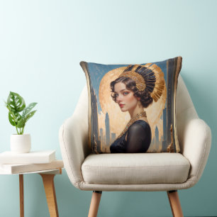 An Art Deco Beauty By A Golden Disc by Xzendor7 Cushion