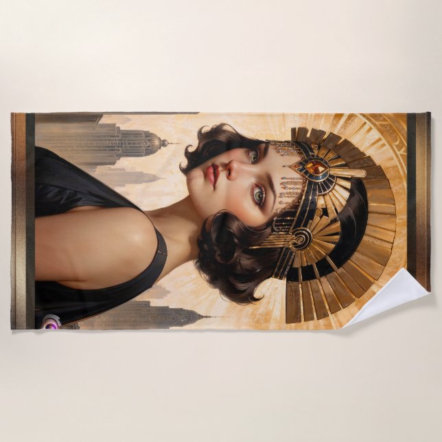 An Art Deco Damsel AI Concept Art by Xzendor7 Beach Towel (Front)