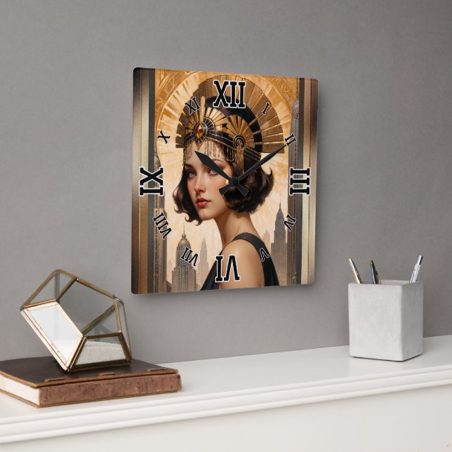 An Art Deco Damsel AI Concept Art by Xzendor7 Square Wall Clock (Office)