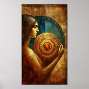 An Artistic of a Lady Holding a Circular Object Po Poster