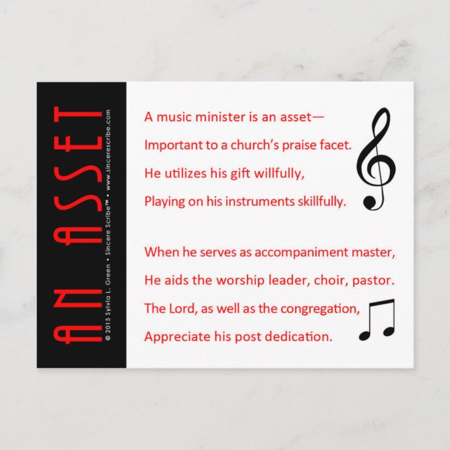 An Asset (Music Minister) Postcard (Front)