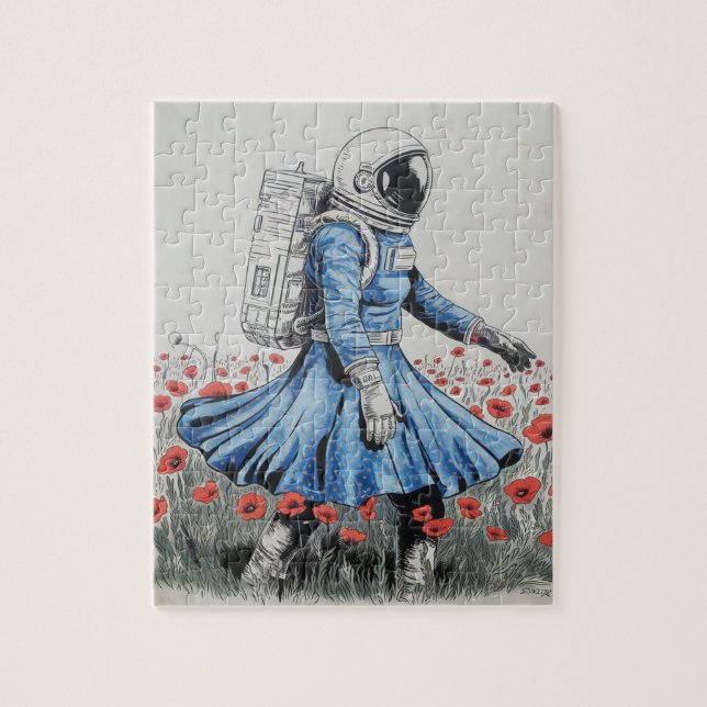  an astronaut in a blue dress walking in poppies jigsaw puzzle (Vertical)