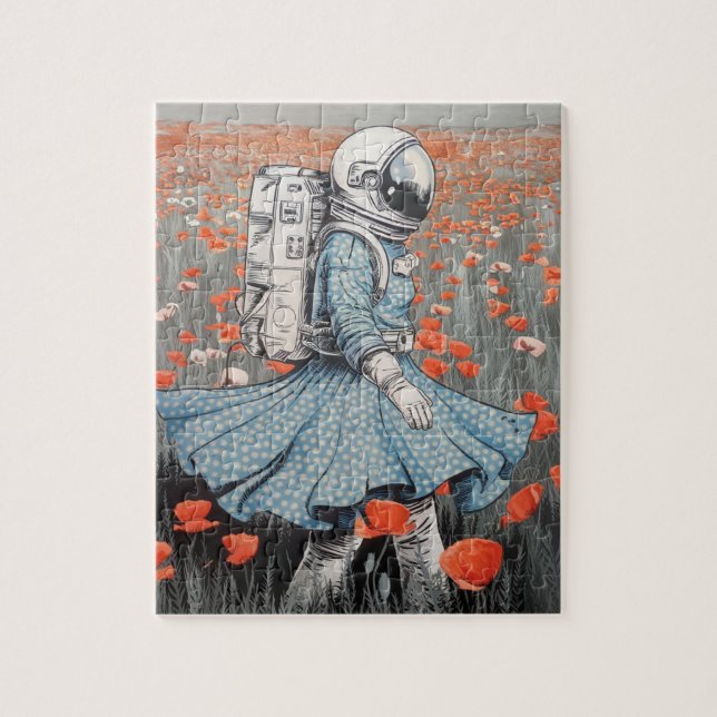  an astronaut in a blue dress walking in poppies jigsaw puzzle (Vertical)