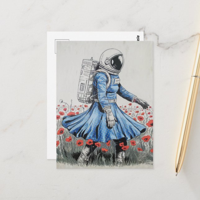  an astronaut in a blue dress walking in poppies postcard (Front/Back In Situ)