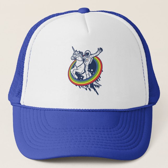 An astronaut riding a unicorn through a rainbow trucker hat (Front)
