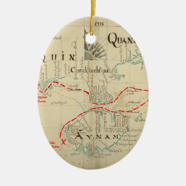 An Authentic 1690 Pirate Map (with embellishments) Ceramic Tree Decoration (Front)