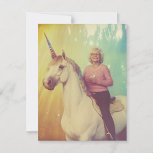 An elderly woman riding her unicorn postcard