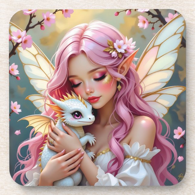 An Elegant Fairy and her Baby Dragon Personalized Coaster (Front)