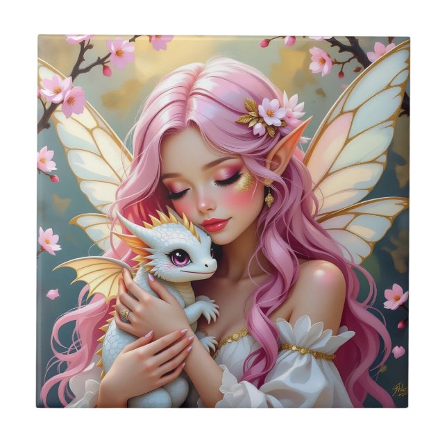 An Elegant Fairy and her Baby Dragon Personalized Tile (Front)