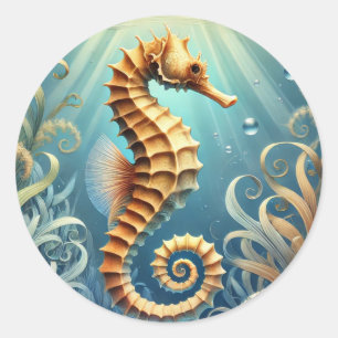 An elegant seahorse swimming underwater classic round sticker