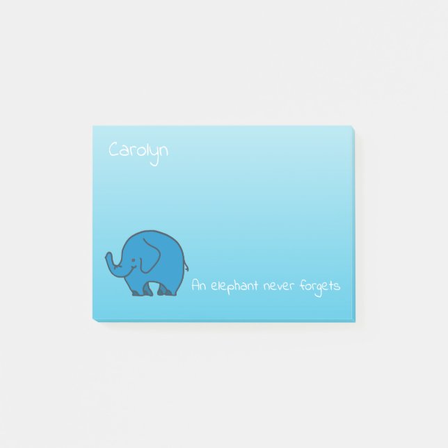 An elephant never forgets, on blue, personalised post-it notes (Front)