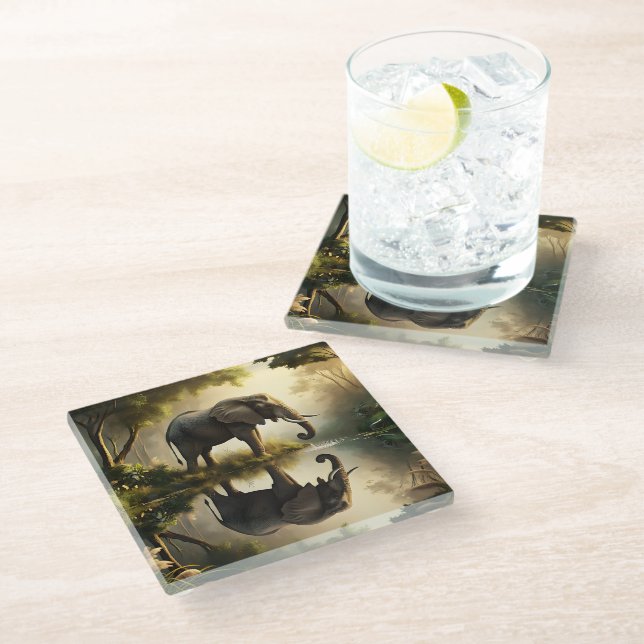 An Elephant's Reflection Glass Coaster (Angled)