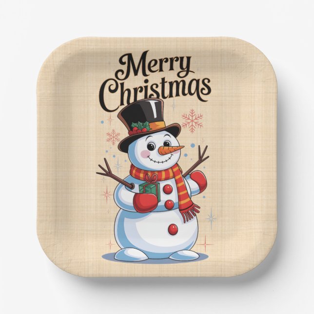 An enchanted Christmas: a smiling snowman Paper Plate (Front)