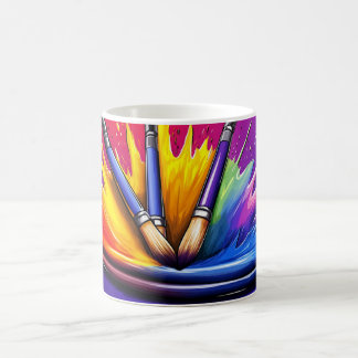 An explosion of vibrant colours from a palette.  coffee mug