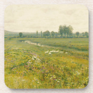 An Extensive Meadow Landscape with Geese Coaster