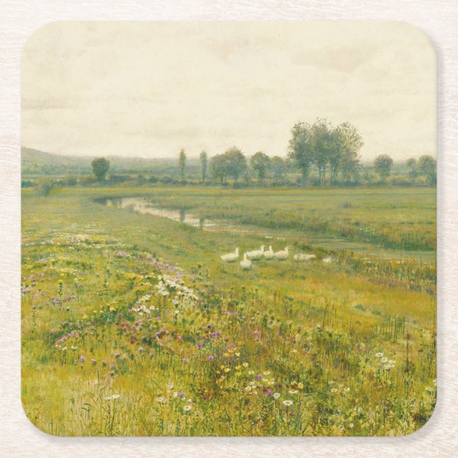 An Extensive Meadow Landscape with Geese Square Paper Coaster (Front)