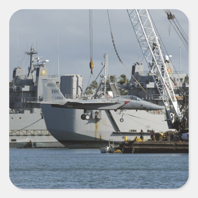 An F-15 Eagle gets a lift from a barge crane Square Sticker (Front)