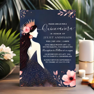 An Glam Ball Gown Spark Dark Navy Blue Quinceanera Invitation