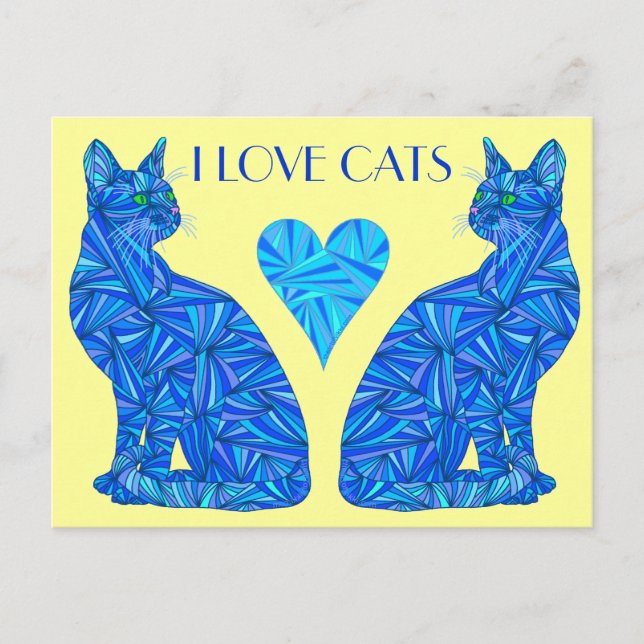 An I Love Cats Blue Abstract Sitting Cat Postcard (Front)
