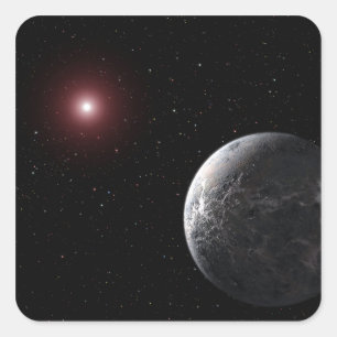 An icy/rocky planet orbiting a dim star square sticker