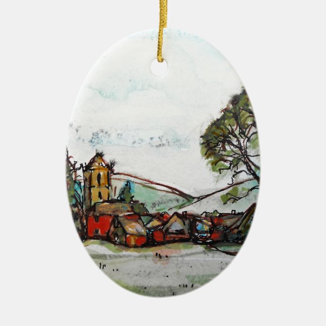 An Idyllic British Village sketch Ceramic Tree Decoration (Front)