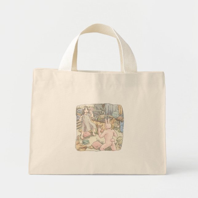 An illustration of a barefoot woman fighting a pin mini tote bag (Front)