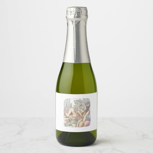 an illustration of a barefoot woman lying in a win sparkling wine label (Front)