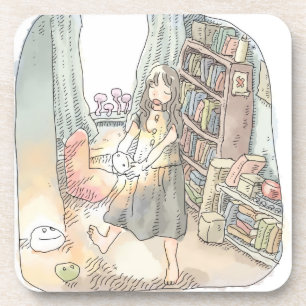 an illustration of a woman dancing with a pale lig coaster