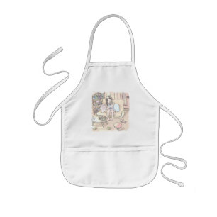 An illustration of a woman sitting barefoot on a s kids apron