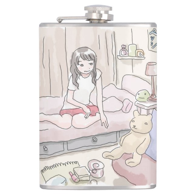 an illustration of a woman sitting in a bedroom be hip flask (Front)