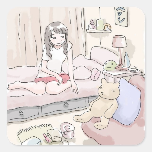 an illustration of a woman sitting in a bedroom be square sticker (Front)