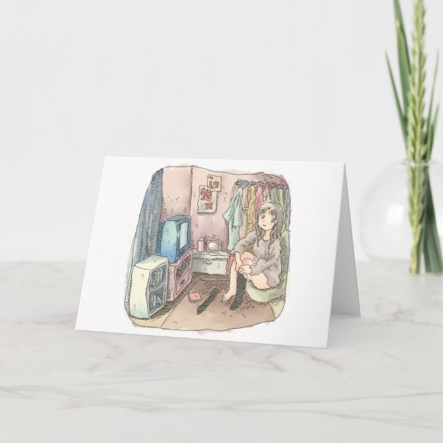 an illustration of a woman sitting in a chair in a holiday card (Front)