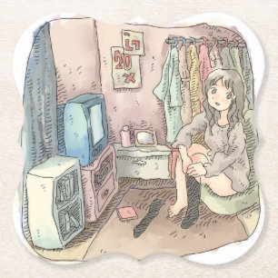 an illustration of a woman sitting in a chair in a paper coaster