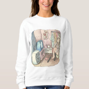 an illustration of a woman sitting in a chair in a sweatshirt