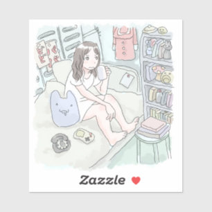 an illustration of a woman sitting on a bed in a w