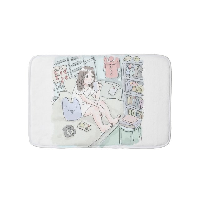 an illustration of a woman sitting on a bed in a w bath mat (Front)