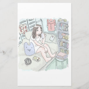an illustration of a woman sitting on a bed in a w stationery