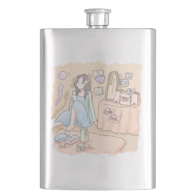 an illustration of a woman sitting on the wall of  hip flask (Front)