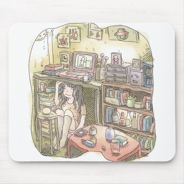 an illustration of a woman sitting under a working mouse pad (Front)