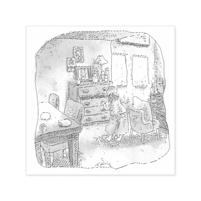 an illustration of a woman who opens a drawer of a self-inking stamp (Design)